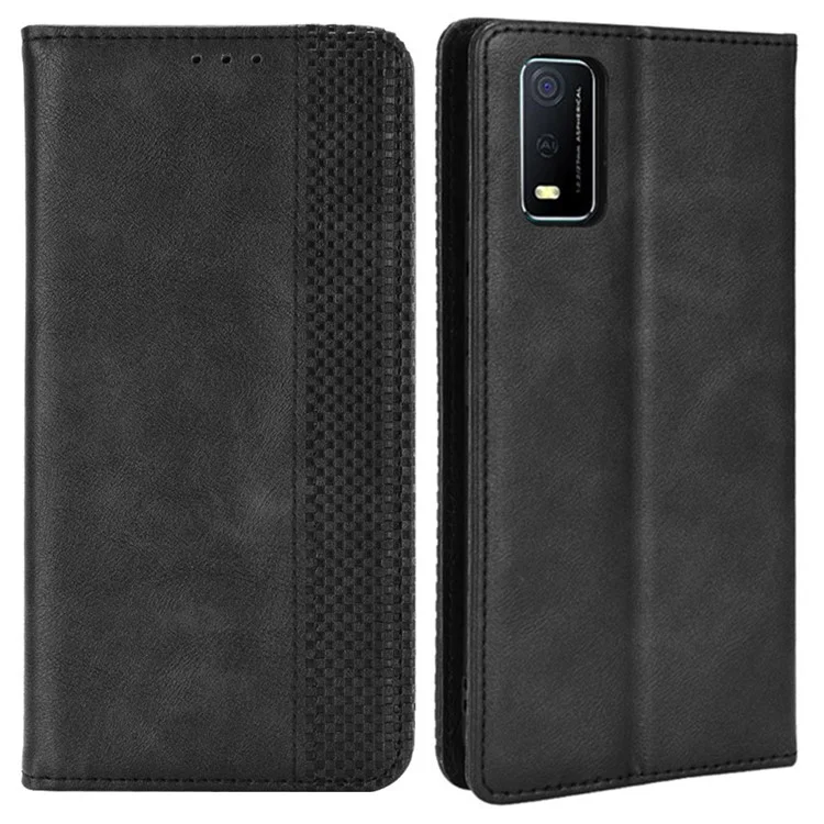 Pour Vivo Y3s (2021) Portefeuille Stand Rétro Retro Case Imprituted Leather Magnetic Auto-absorbed Téléphone Couverture - le Noir