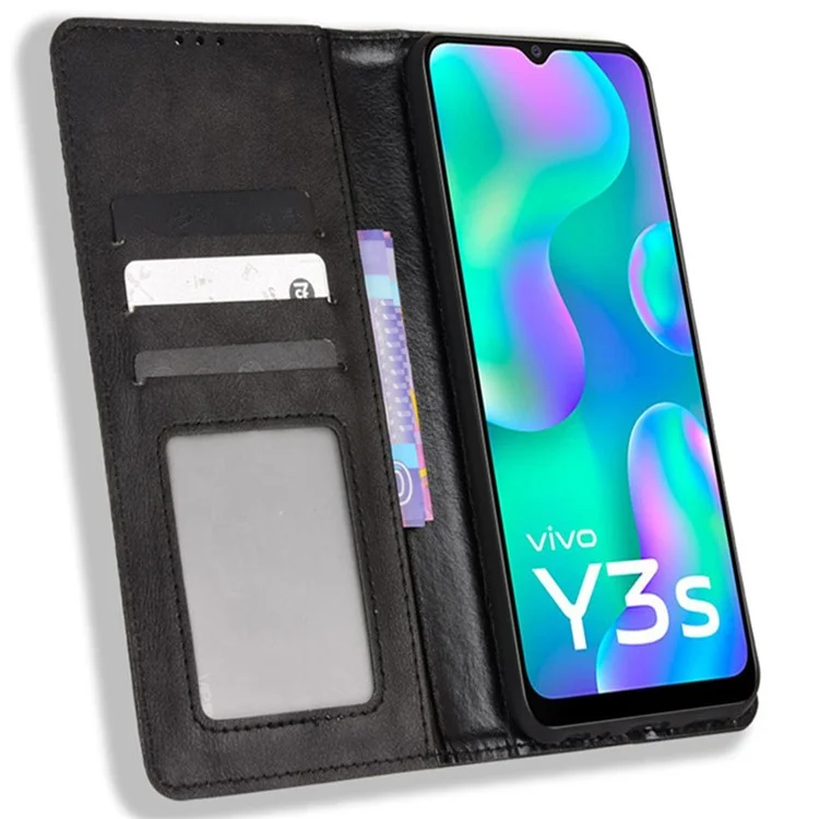 Pour Vivo Y3s (2021) Portefeuille Stand Rétro Retro Case Imprituted Leather Magnetic Auto-absorbed Téléphone Couverture - le Noir