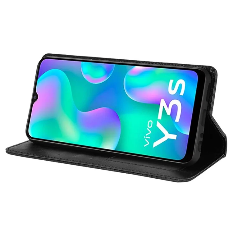 Pour Vivo Y3s (2021) Portefeuille Stand Rétro Retro Case Imprituted Leather Magnetic Auto-absorbed Téléphone Couverture - le Noir
