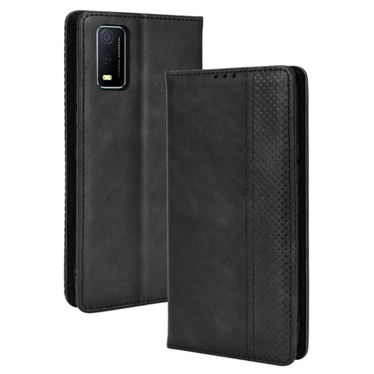 Pour Vivo Y3s (2021) Portefeuille Stand Rétro Retro Case Imprituted Leather Magnetic Auto-absorbed Téléphone Couverture - le Noir