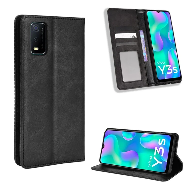 Pour Vivo Y3s (2021) Portefeuille Stand Rétro Retro Case Imprituted Leather Magnetic Auto-absorbed Téléphone Couverture - le Noir
