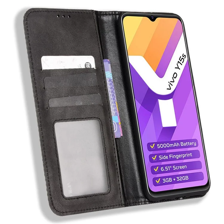 For vivo Y15s/Y15a/Y10/T1/Y01/iQOO U5x Shockproof Wallet Stand Retro Style Imprinted Case Leather Magnetic Flip Phone Cover - Black