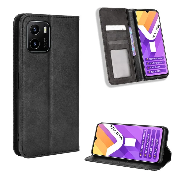 For vivo Y15s/Y15a/Y10/T1/Y01/iQOO U5x Shockproof Wallet Stand Retro Style Imprinted Case Leather Magnetic Flip Phone Cover - Black