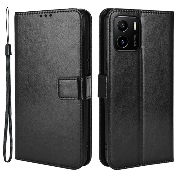 Для vivo Y15s/Y15a/Y10/T1/Y01/iQOO U5x Folio Flip Well-protected Stand Wallet Crazy Horse Texture PU Leather Phone Cover Case - Black