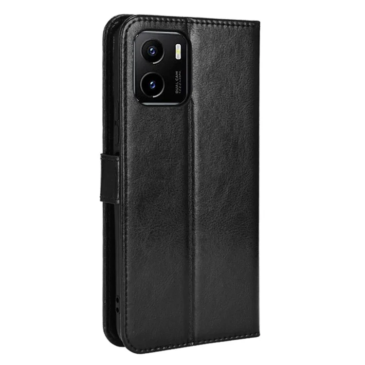 Для vivo Y15s/Y15a/Y10/T1/Y01/iQOO U5x Folio Flip Well-protected Stand Wallet Crazy Horse Texture PU Leather Phone Cover Case - Black