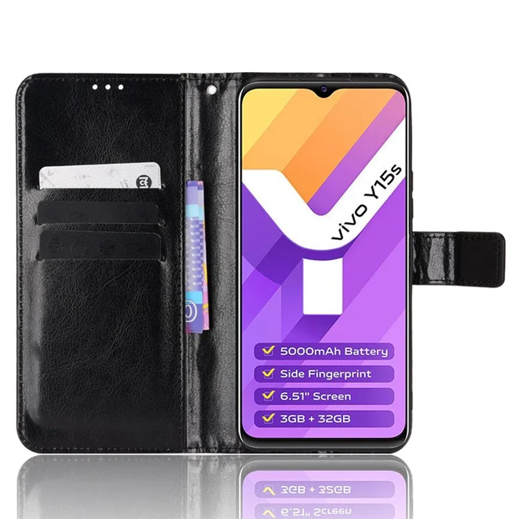 Для vivo Y15s/Y15a/Y10/T1/Y01/iQOO U5x Folio Flip Well-protected Stand Wallet Crazy Horse Texture PU Leather Phone Cover Case - Black