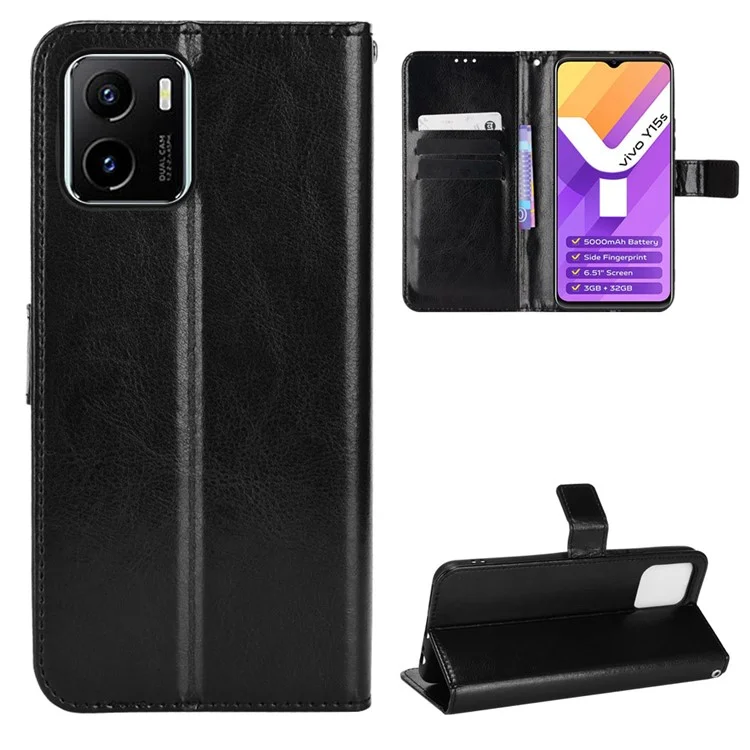 Для vivo Y15s/Y15a/Y10/T1/Y01/iQOO U5x Folio Flip Well-protected Stand Wallet Crazy Horse Texture PU Leather Phone Cover Case - Black