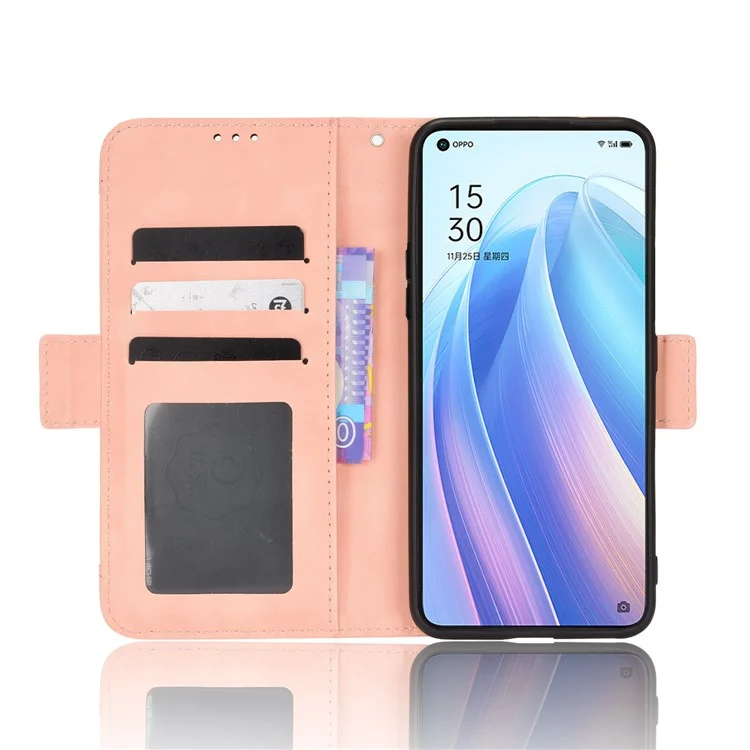 For Oppo Reno7 5G (China) Wallet Front Card Slot Anti-drop PU Leather + TPU Phone Cover with Stand - Pink