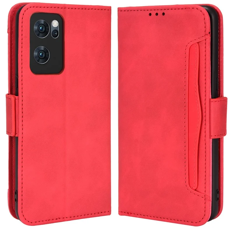 For Oppo Reno7 5G (China) Wallet Front Card Slot Anti-drop PU Leather + TPU Phone Cover with Stand - Red