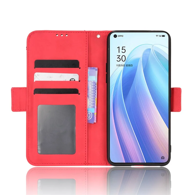 For Oppo Reno7 5G (China) Wallet Front Card Slot Anti-drop PU Leather + TPU Phone Cover with Stand - Red