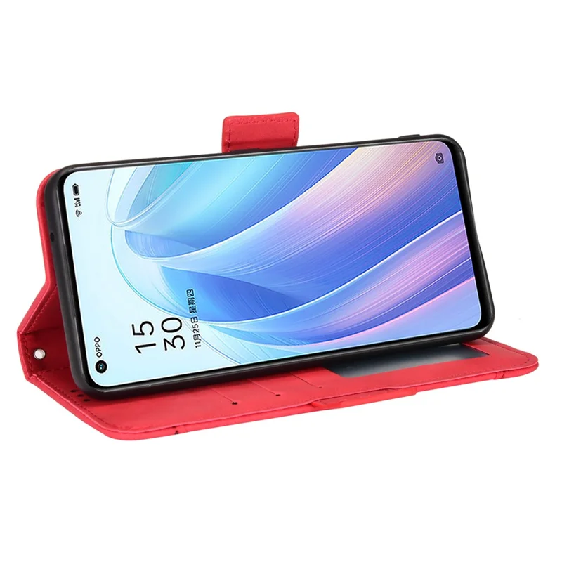 For Oppo Reno7 5G (China) Wallet Front Card Slot Anti-drop PU Leather + TPU Phone Cover with Stand - Red