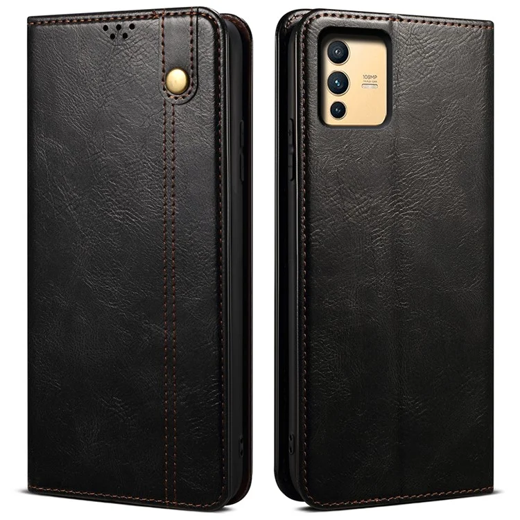 Для vivo S12/V23 5G Waxy Crazy Horse Texture Wallet Stand PU Leather Cover Phone Case - Black