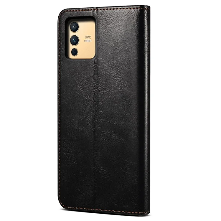 Для vivo S12/V23 5G Waxy Crazy Horse Texture Wallet Stand PU Leather Cover Phone Case - Black
