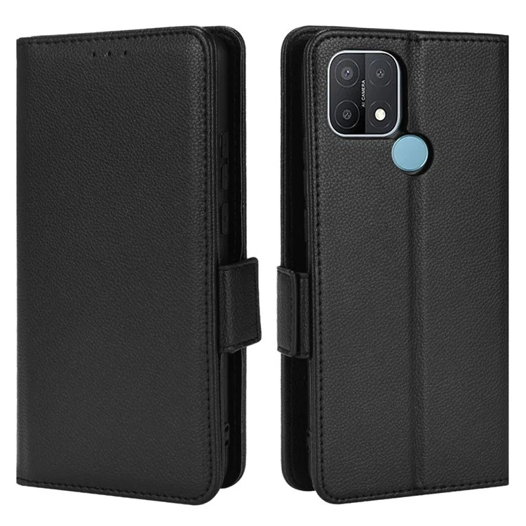 For OPPO A15 / A15s / A35 (2021) Litchi Texture Phone Cover PU Leather Wallet Stand Flip Folio Book Case - Black