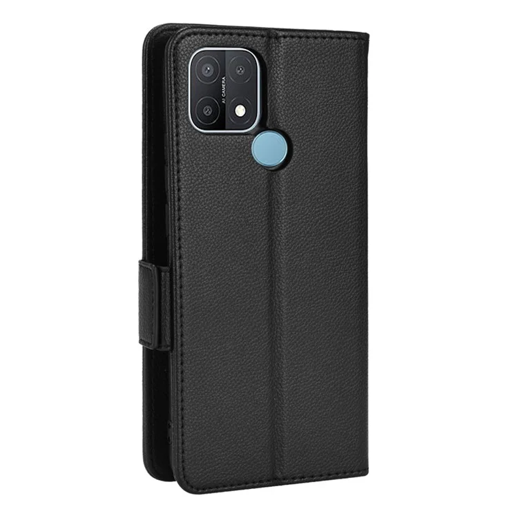 For OPPO A15 / A15s / A35 (2021) Litchi Texture Phone Cover PU Leather Wallet Stand Flip Folio Book Case - Black