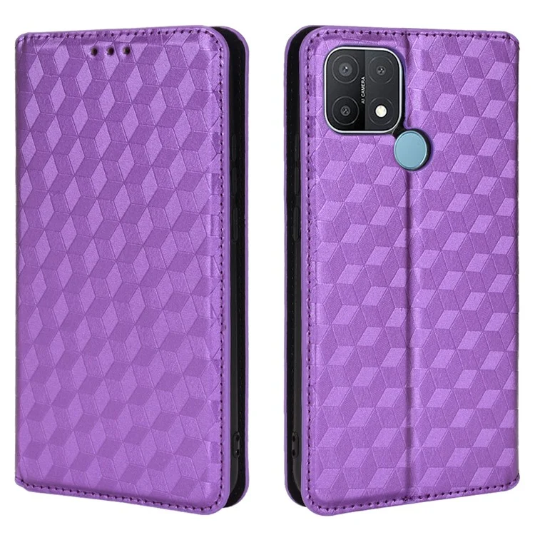Para Oppo A15/A15s/A35 (2021) Imprinting 3D Rhombus Capa de Carteira de Couro PU à Prova de Choque com Suporte Dobrável - Roxo