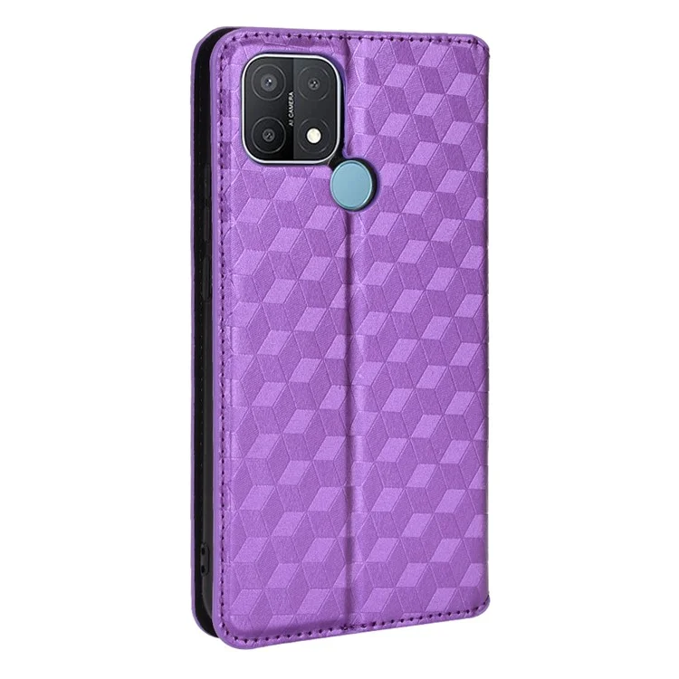 Para Oppo A15/A15s/A35 (2021) Imprinting 3D Rhombus Capa de Carteira de Couro PU à Prova de Choque com Suporte Dobrável - Roxo