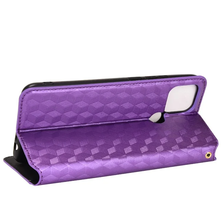 Para Oppo A15/A15s/A35 (2021) Imprinting 3D Rhombus Capa de Carteira de Couro PU à Prova de Choque com Suporte Dobrável - Roxo