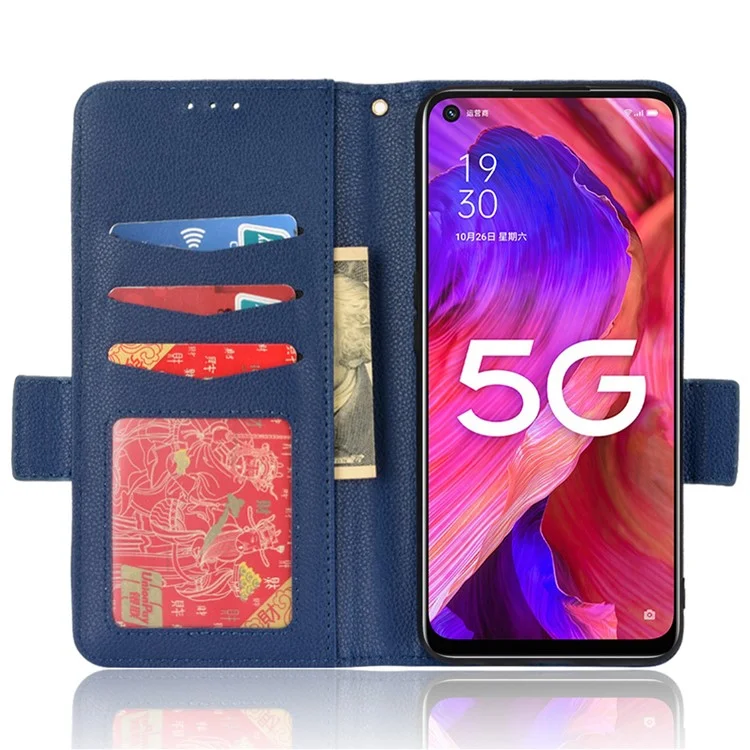 Per Oppo A93 5G / A74 5G / A54 5G Litchi Texture PU Peth Pethe Phellet Coperchi - Blu Scuro