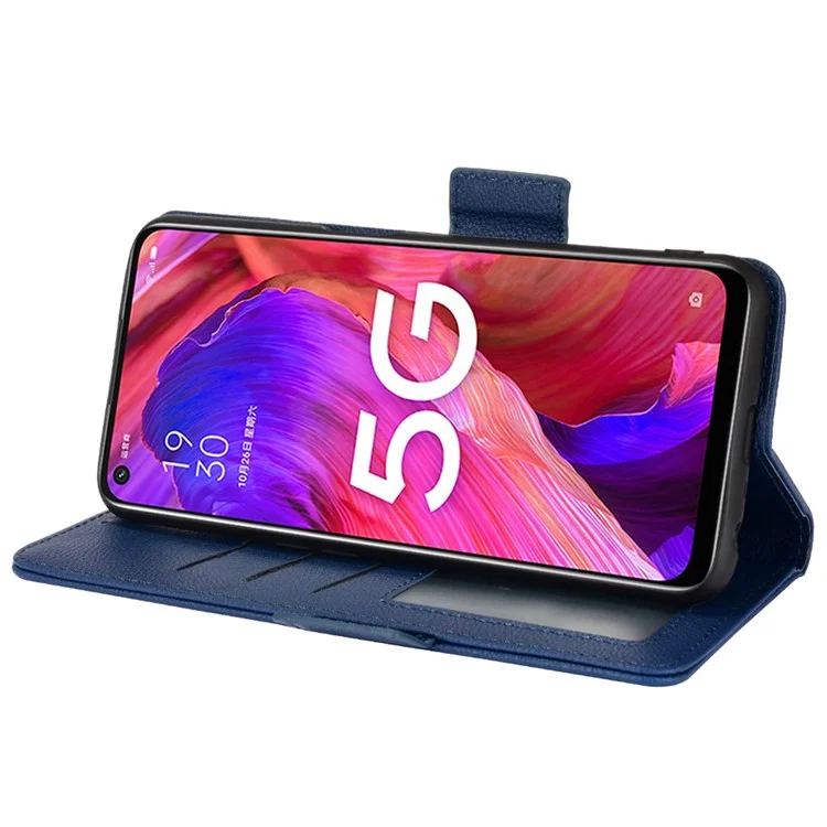Per Oppo A93 5G / A74 5G / A54 5G Litchi Texture PU Peth Pethe Phellet Coperchi - Blu Scuro