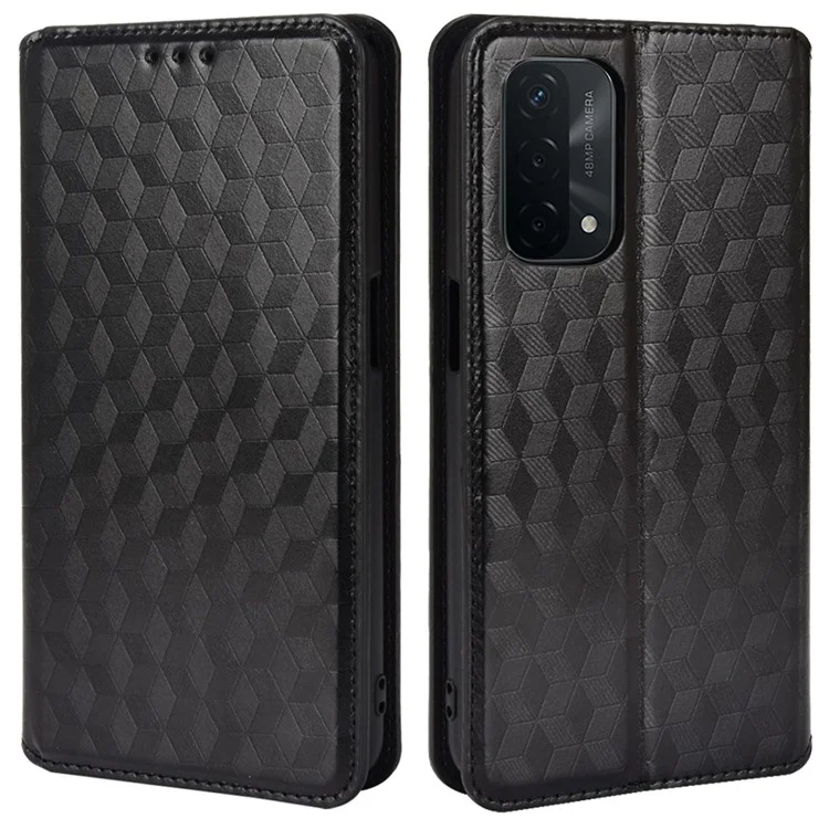 Para Oppo A93 5G / A74 5G / A54 5G Rombus Impreso PU Leather + TPU Soporte de Parachoques Diseño de la Billetera Magnética Magnet Autorbsorbed Caja de Teléfono Protector Completo - Negro