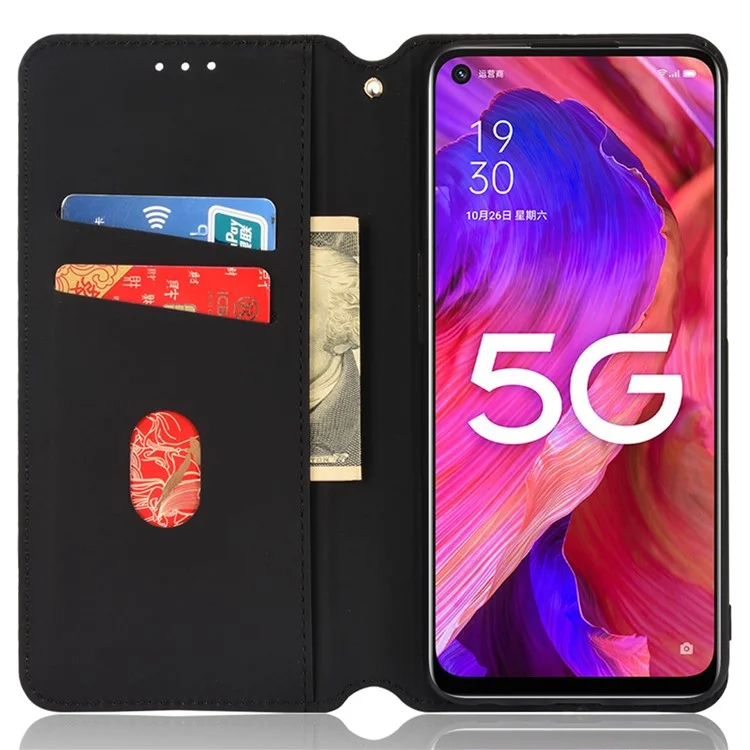 Para Oppo A93 5G / A74 5G / A54 5G Rombus Impreso PU Leather + TPU Soporte de Parachoques Diseño de la Billetera Magnética Magnet Autorbsorbed Caja de Teléfono Protector Completo - Negro