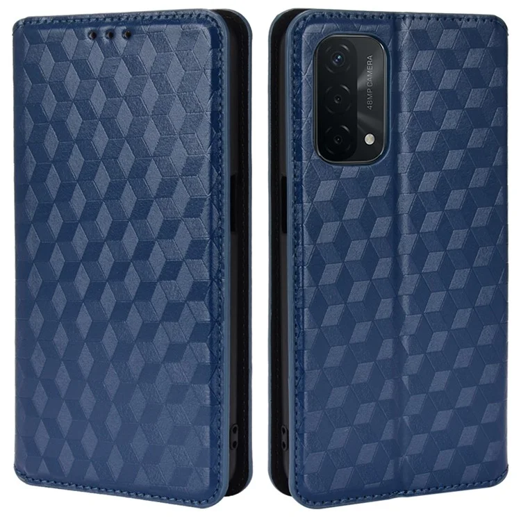 Per Oppo A93 5G / A74 5G / A54 5G Rhombus Imprinted PU Leather + TPU Bumper Stand Cover Wallet Design Magnetic Auto-absorbed Full Protective Phone Case - Blu