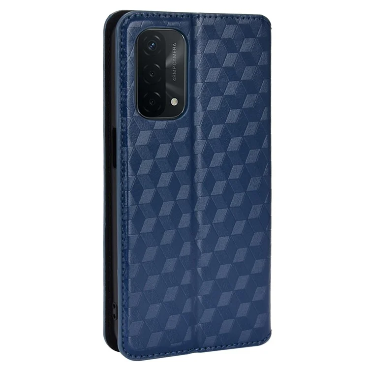 Per Oppo A93 5G / A74 5G / A54 5G Rhombus Imprinted PU Leather + TPU Bumper Stand Cover Wallet Design Magnetic Auto-absorbed Full Protective Phone Case - Blu