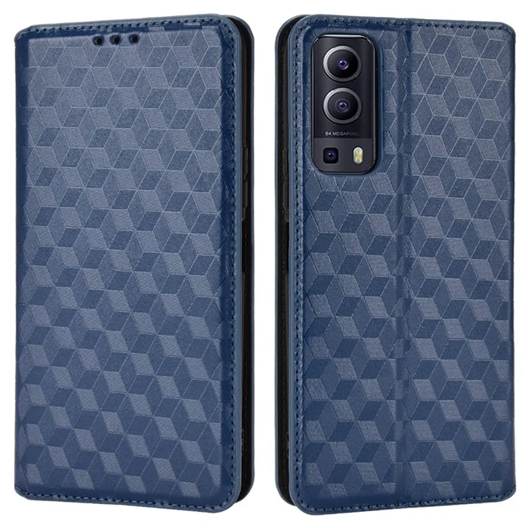 Pour vivo Y72 5G (Global)/Y52 5G/Y53s 5G/iQOO Z3 5G/T1X/iQOO Z5x 5G Étui de protection portefeuille avec support en cuir à motif en relief 3D - Bleu