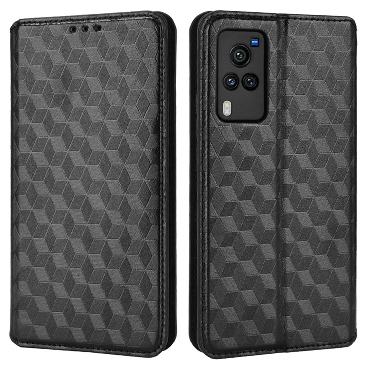 For vivo X60 Pro 5G (Global)/X60 5G 3D Rhombus Imprinted PU Leather Case Wallet Stand Protective Phone Cover - Black