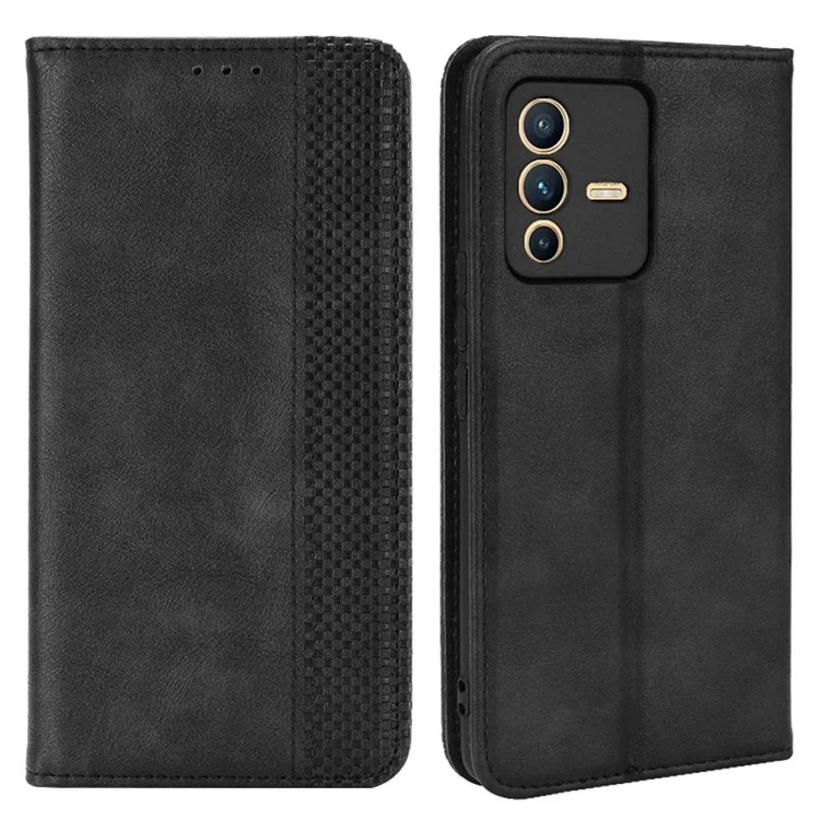 Für Vivo S12 Pro / V23 Pro Retro PU Leder Eingeprägter Mosaik -hülle Ständer Flip Wallet Magnetic Absorption Schutzabdeckung - Schwarz