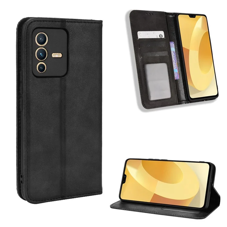 Für Vivo S12 Pro / V23 Pro Retro PU Leder Eingeprägter Mosaik -hülle Ständer Flip Wallet Magnetic Absorption Schutzabdeckung - Schwarz