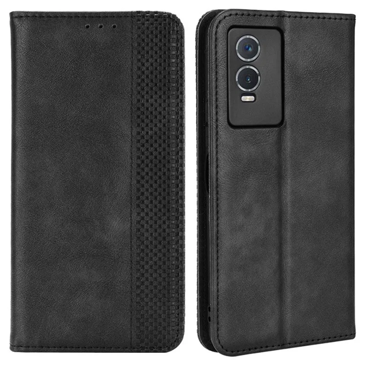 Für Vivo Y76s Vintage PU Leder Brieftasche Hülle Geprägte Mosaik-anti-fall-schutz-schutzmagnetabsorption Ständer Flip Folio Telefonabdeckung - Schwarz