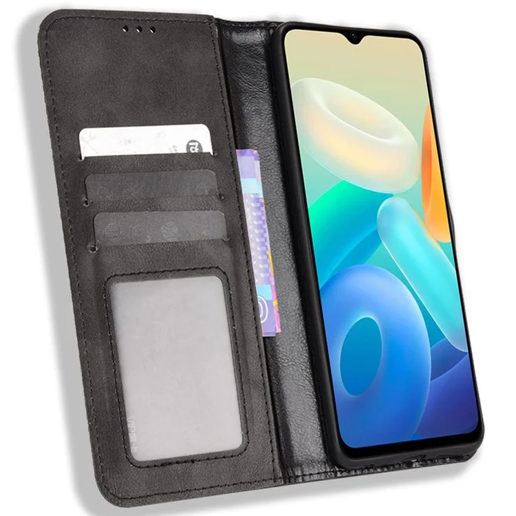 Für Vivo Y76s Vintage PU Leder Brieftasche Hülle Geprägte Mosaik-anti-fall-schutz-schutzmagnetabsorption Ständer Flip Folio Telefonabdeckung - Schwarz