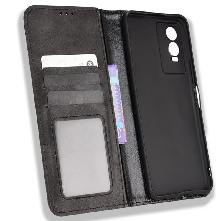 Für Vivo Y76s Vintage PU Leder Brieftasche Hülle Geprägte Mosaik-anti-fall-schutz-schutzmagnetabsorption Ständer Flip Folio Telefonabdeckung - Schwarz