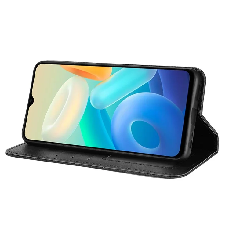 Für Vivo Y76s Vintage PU Leder Brieftasche Hülle Geprägte Mosaik-anti-fall-schutz-schutzmagnetabsorption Ständer Flip Folio Telefonabdeckung - Schwarz