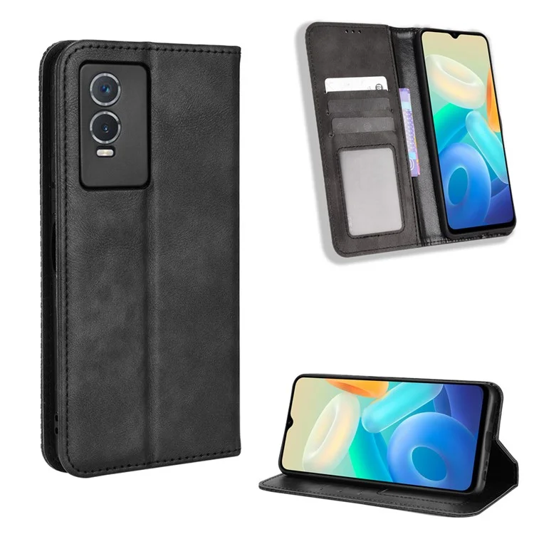 Für Vivo Y76s Vintage PU Leder Brieftasche Hülle Geprägte Mosaik-anti-fall-schutz-schutzmagnetabsorption Ständer Flip Folio Telefonabdeckung - Schwarz