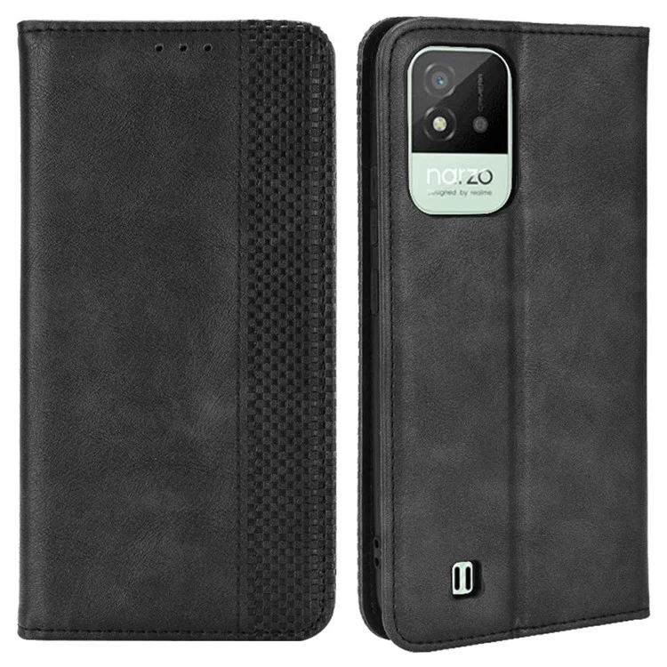 For Realme Narzo 50i Vintage PU Leather Imprinted Mosaic Shell Case Wallet Stand Folio Cover - Black