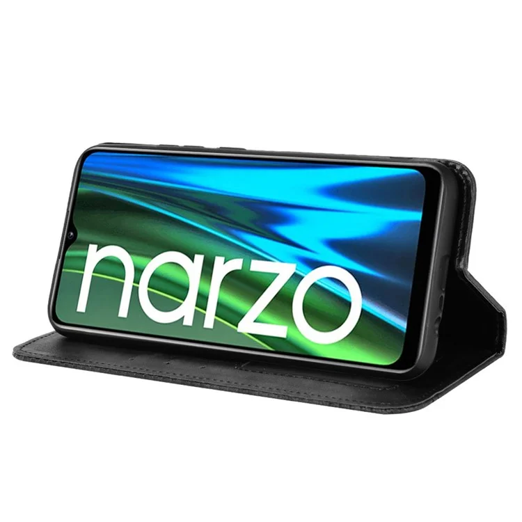 For Realme Narzo 50i Vintage PU Leather Imprinted Mosaic Shell Case Wallet Stand Folio Cover - Black