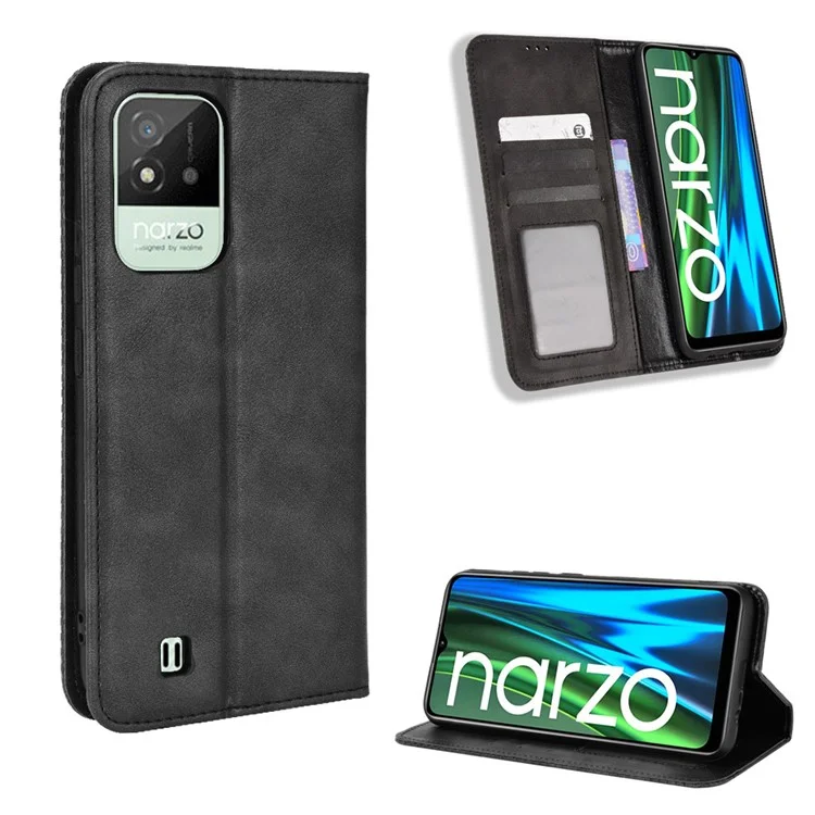 For Realme Narzo 50i Vintage PU Leather Imprinted Mosaic Shell Case Wallet Stand Folio Cover - Black