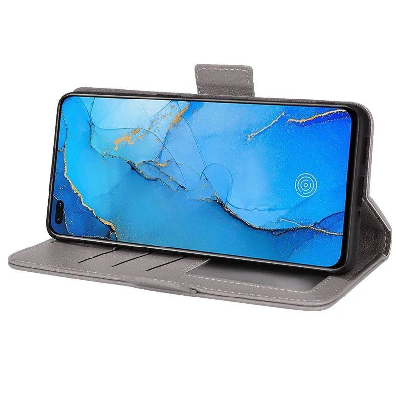 Futerał skórzany z funkcją podpórki i portfelem, z fakturą litchi, dla Oppo Reno3 Pro 5G/Find X2 Neo, z poliuretanu i TPU, szary