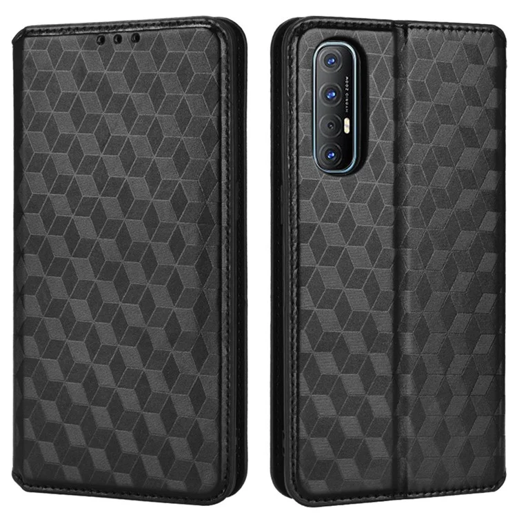 Für Oppo Reno3 Pro 5G/Find X2 Neo Antikritz-Brieftasche Standfuß PU-Leder-Schale Prägung Rhombus Handyhülle - Schwarz