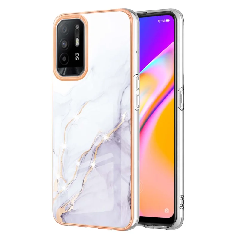 LB3 Series Marble Shockproof Protective Case for Oppo A94 5G / A95 5G, Electroplating IMD Slim Flexible TPU Phone Cover - White 006