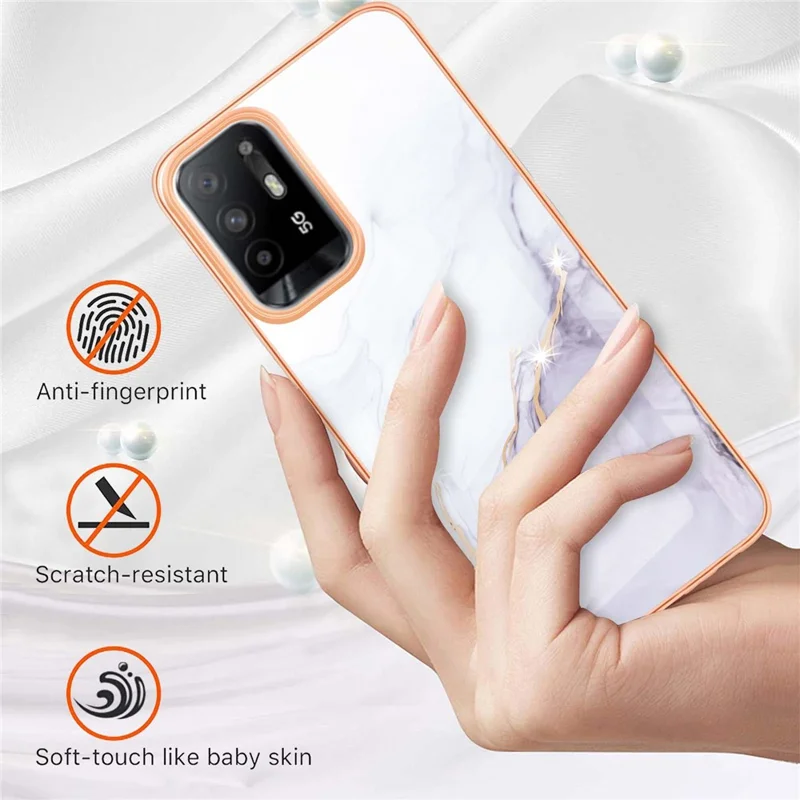 LB3 Series Marble Shockproof Protective Case for Oppo A94 5G / A95 5G, Electroplating IMD Slim Flexible TPU Phone Cover - White 006