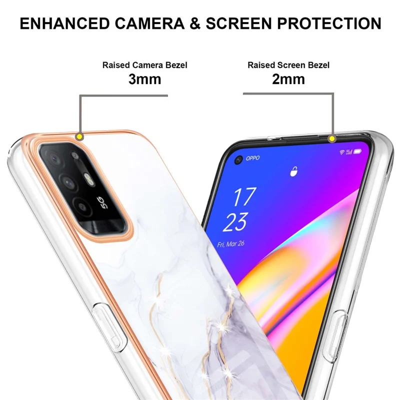 LB3 Series Marble Shockproof Protective Case for Oppo A94 5G / A95 5G, Electroplating IMD Slim Flexible TPU Phone Cover - White 006
