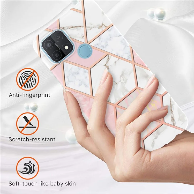 Étui de téléphone style marbre pour série LB4 pour OPPO A15 / A15s, protection antichoc en TPU souple à double face avec revêtement anti-rayures - Rose/Blanc