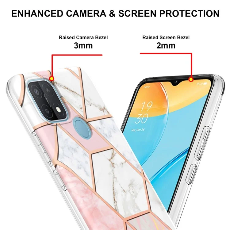 Étui de téléphone style marbre pour série LB4 pour OPPO A15 / A15s, protection antichoc en TPU souple à double face avec revêtement anti-rayures - Rose/Blanc