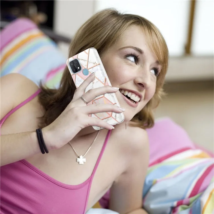 Étui de téléphone style marbre pour série LB4 pour OPPO A15 / A15s, protection antichoc en TPU souple à double face avec revêtement anti-rayures - Rose/Blanc