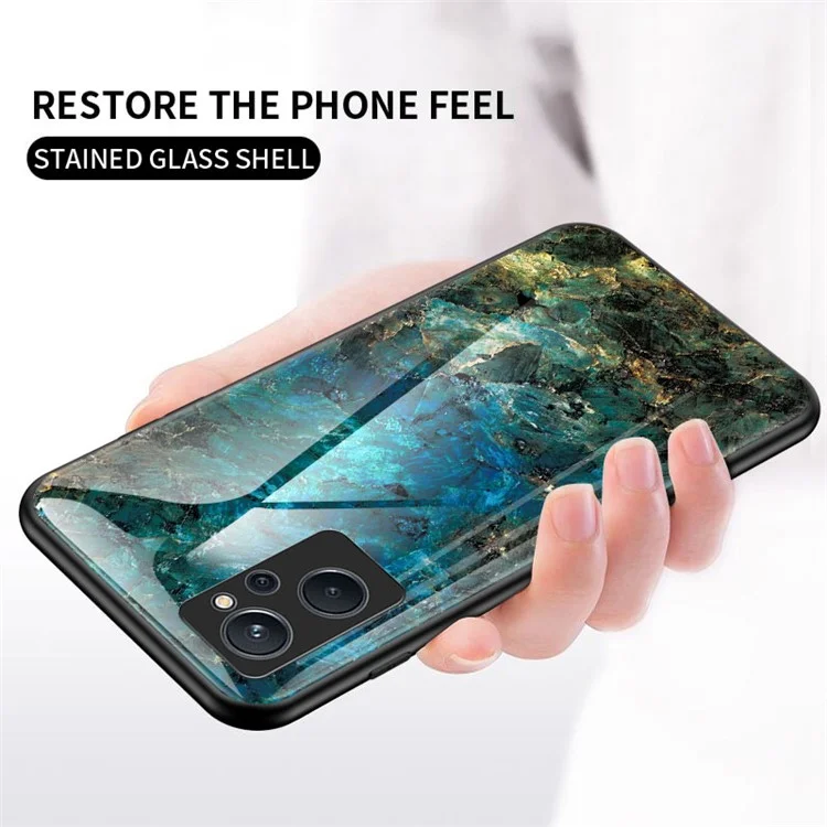 For Realme 9i Tempered Glass + PC Back Cover TPU Bumper Marble Pattern Stylish Cell Phone Case - Emerald Marble
