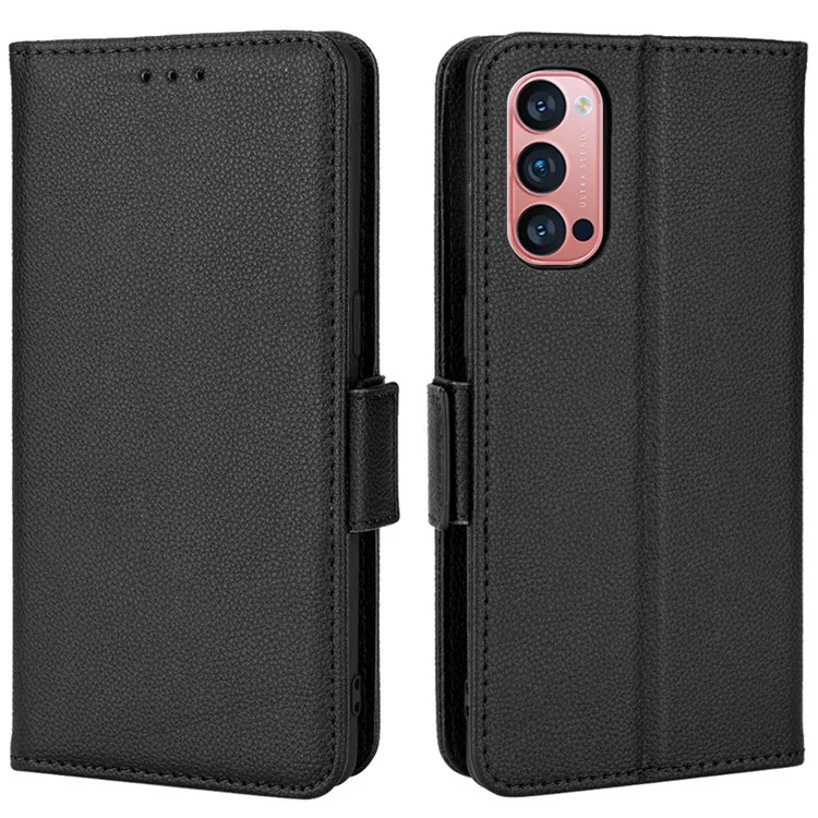 Carca de Telefone de Couro + Tpu Para Oppo Reno4 Pro 5g, Litchi Textura Capa de Carteira Resistente à Textura - Preto